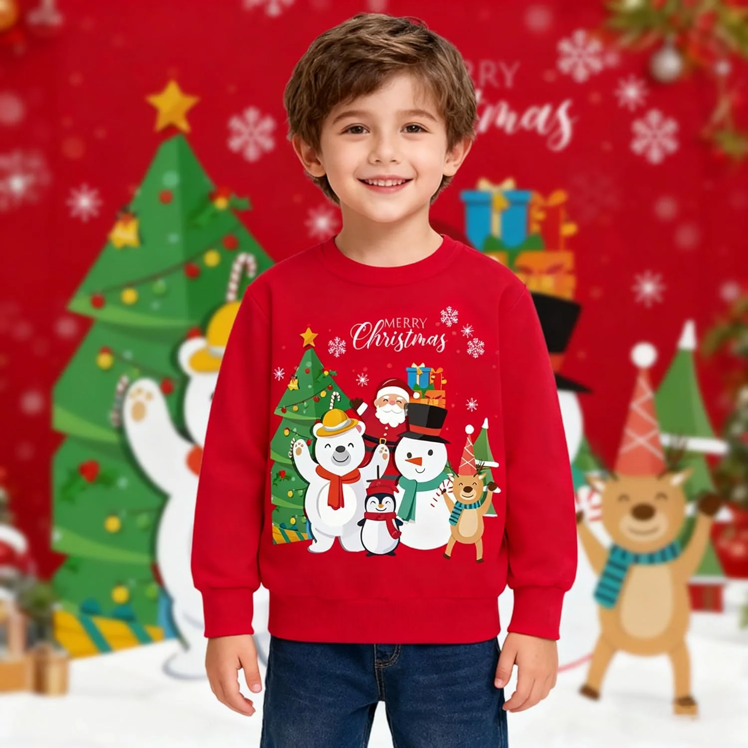 بلوز و سویشرت دخترانه بچه گانه با طرح کریسمس، بلوز آستین بلند پنبه ای با یقه گرد، لباس زمستانی غیر رسمی مناسب سنین 1 تا 7 سال