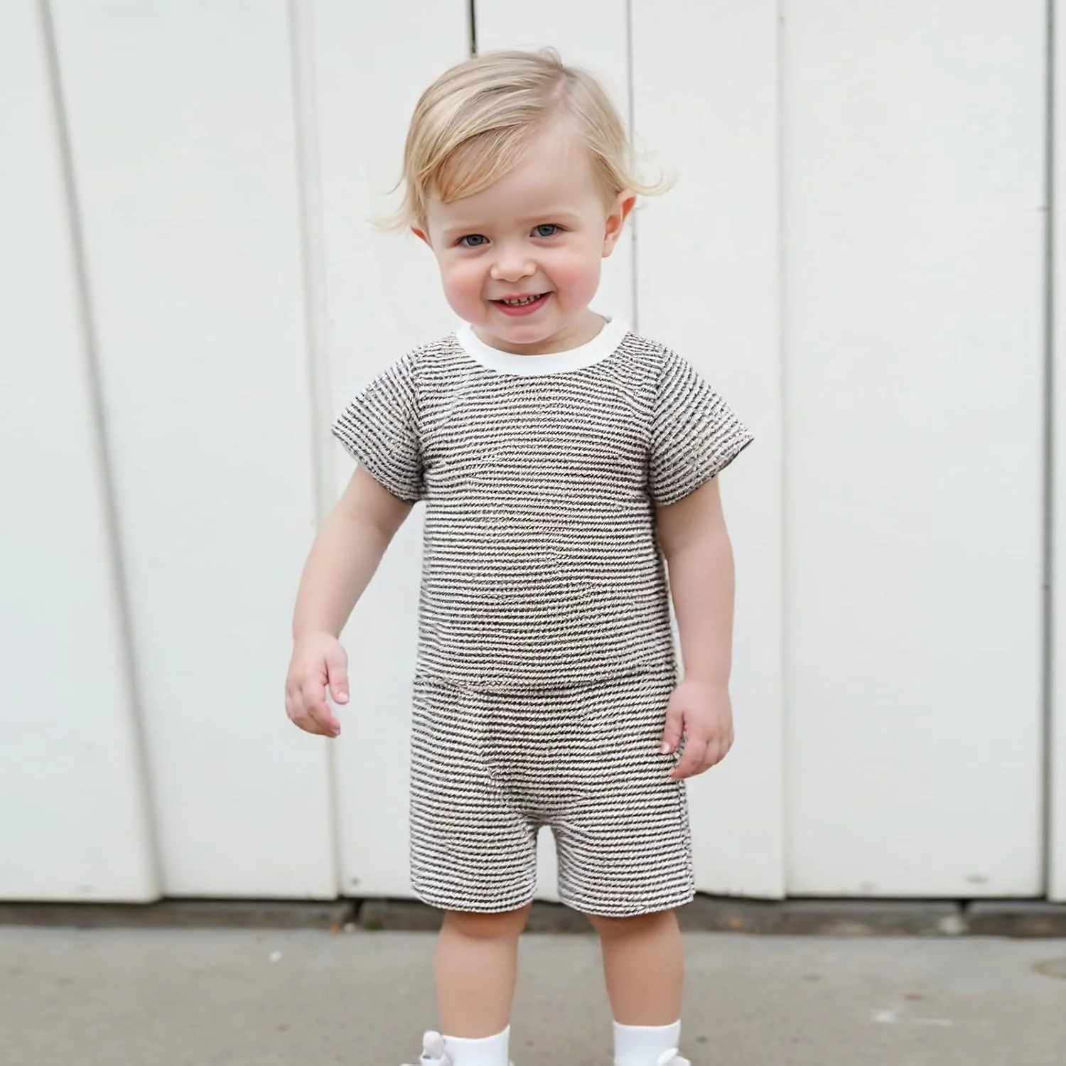 ست تی شرت راه راه و شلوارک تابستانی نوزاد دختر و پسر، شلوارک های غیر رسمی، رنگ ثابت، ست بافتنی وافل خنثی 2 تکه