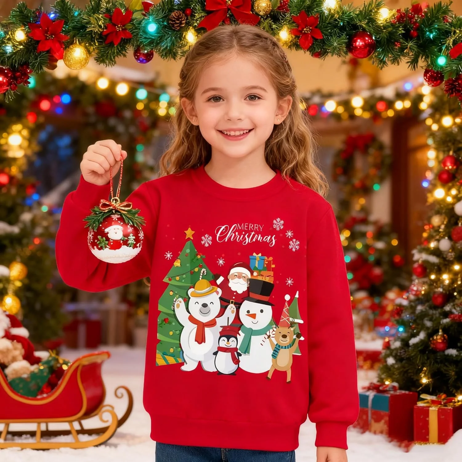 بلوز و سویشرت دخترانه بچه گانه با طرح کریسمس، بلوز آستین بلند پنبه ای با یقه گرد، لباس زمستانی غیر رسمی مناسب سنین 1 تا 7 سال