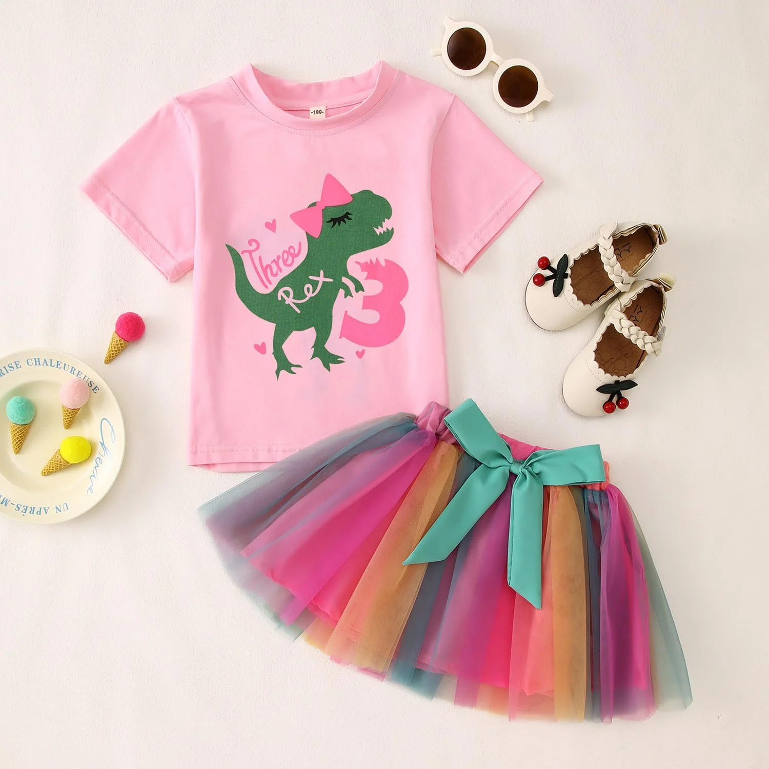 ست تی شرت آستین کوتاه و دامن توتو رنگارنگ طرح تی رکس برای تولد نوزاد دختر 1 تا 6 سال