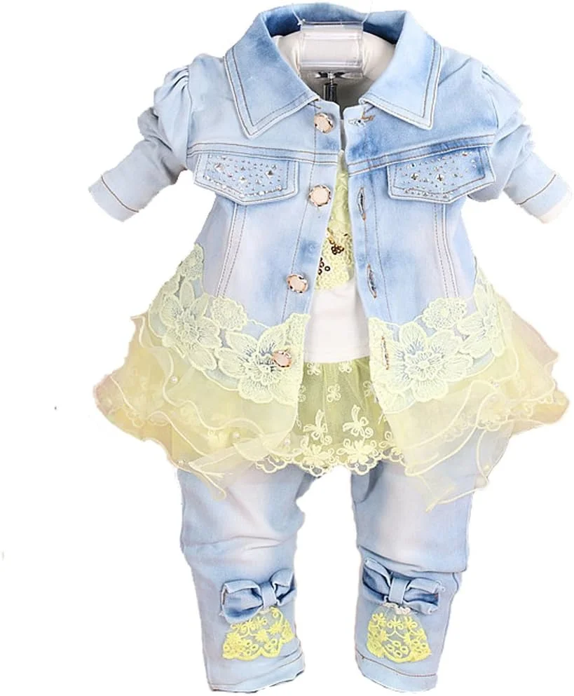 ست لباس جین سه تکه دخترانه یائو بیبی شامل تیشرت، کت جین و شلوار جین