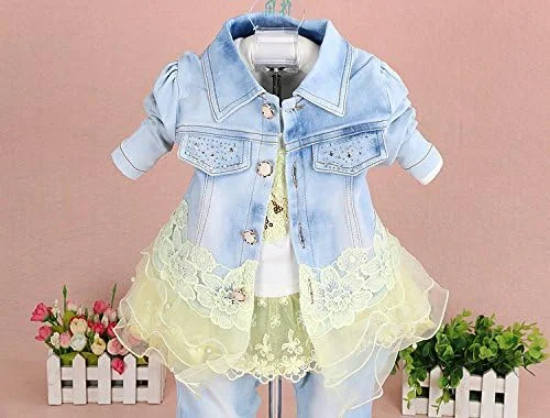 ست لباس جین سه تکه دخترانه یائو بیبی شامل تیشرت، کت جین و شلوار جین