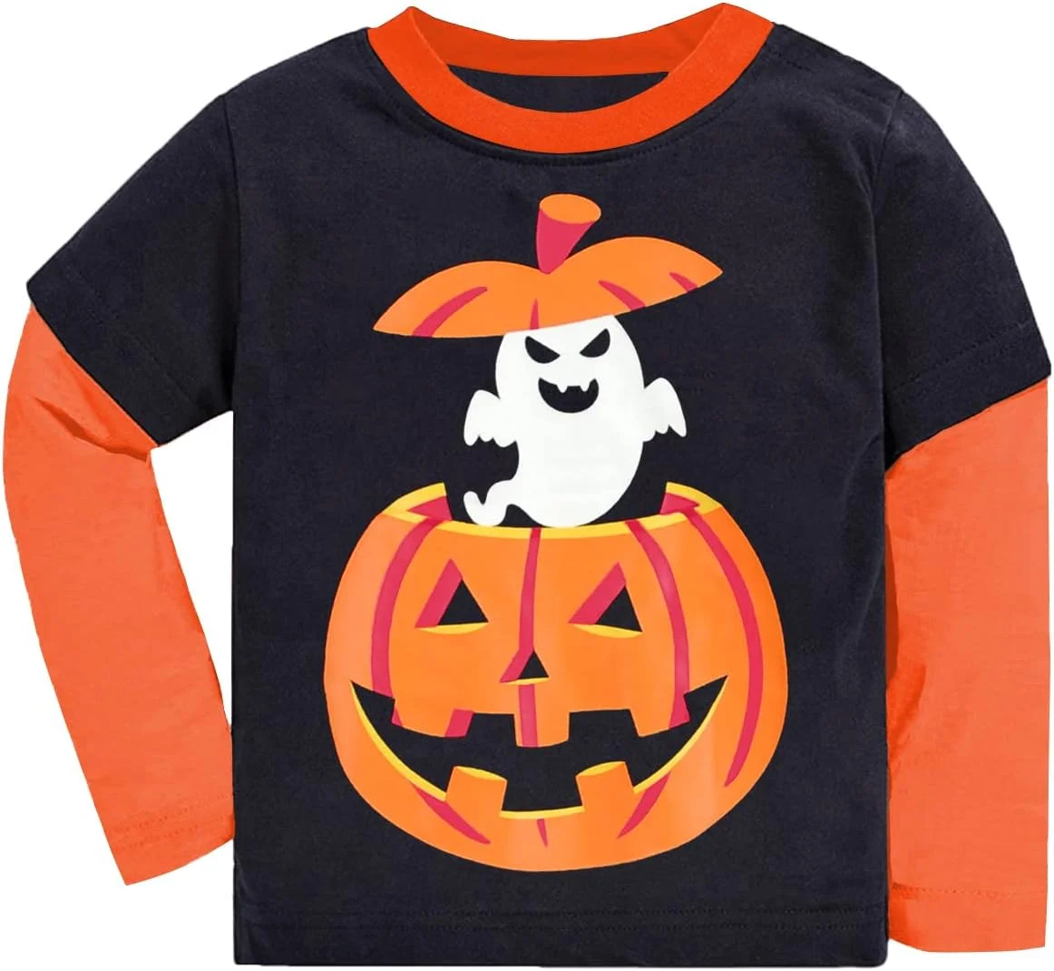 تی‌شرت آستین بلند رگلان پسرانه دخترانه طرح هالووین، تاپ طرح کدو تنبل و اسکلت شب‌تاب مناسب کودکان 4 تا 11 سال