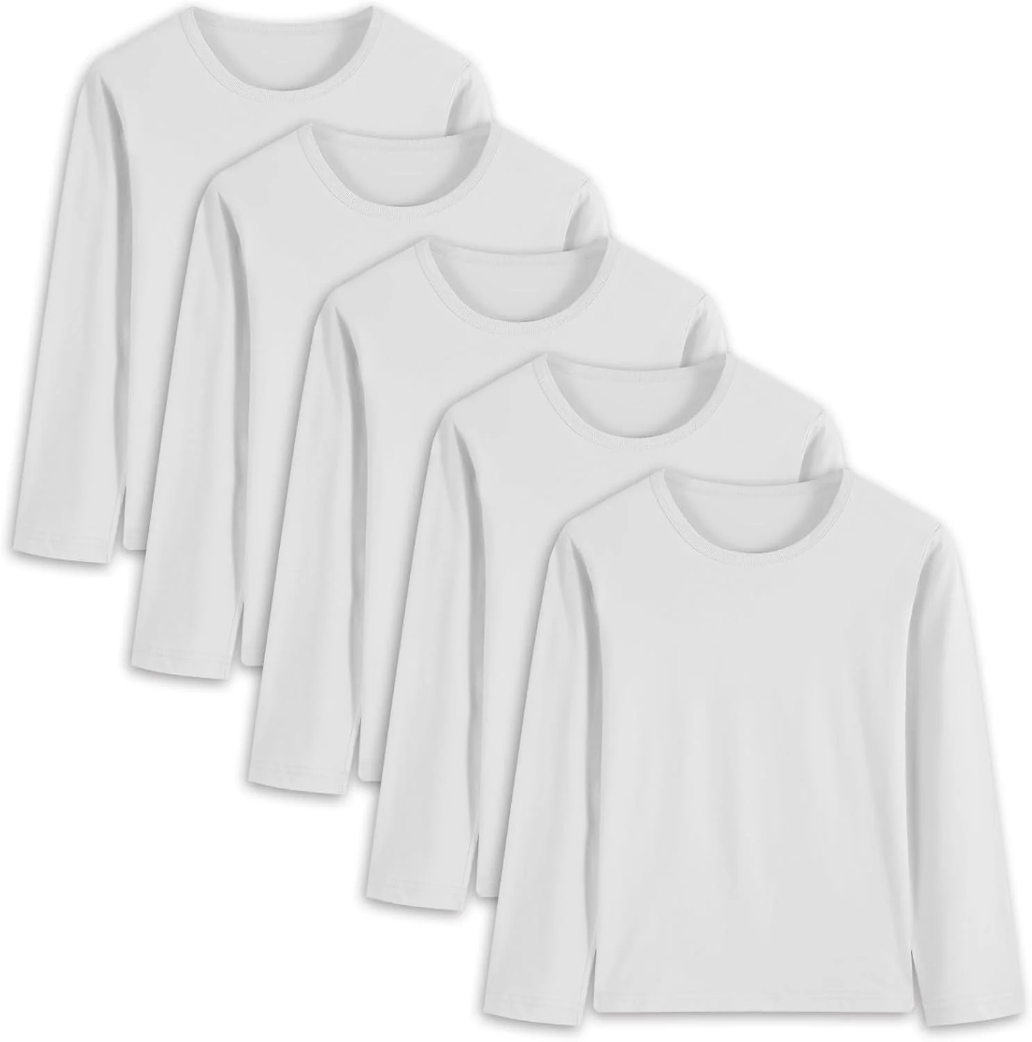 تی شرت آستین بلند نخی 5 عددی برای پسران و دختران، یقه گرد، تی شرت های پایه ای، تاپ های بچه گانه برای کودکان نوپا (سن 2-14 سال)