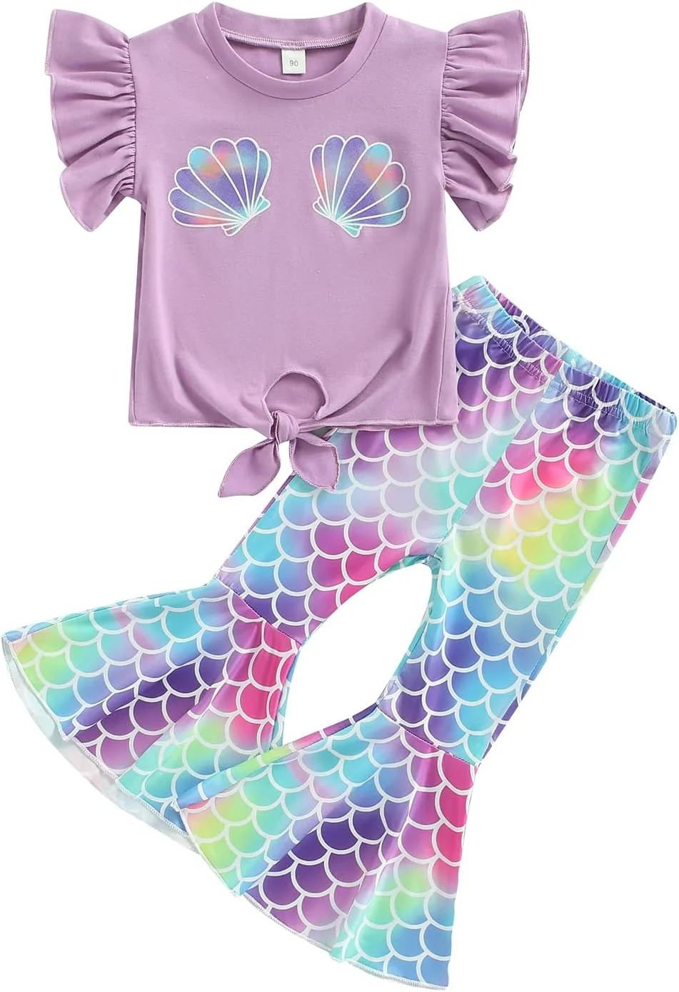 لباس های تابستانی دخترانه بچه گانه، تاپ نیم تنه آستین دار و شلوار دم پا گشاد طرح پری دریایی، مناسب تولد 1 تا 6 سال