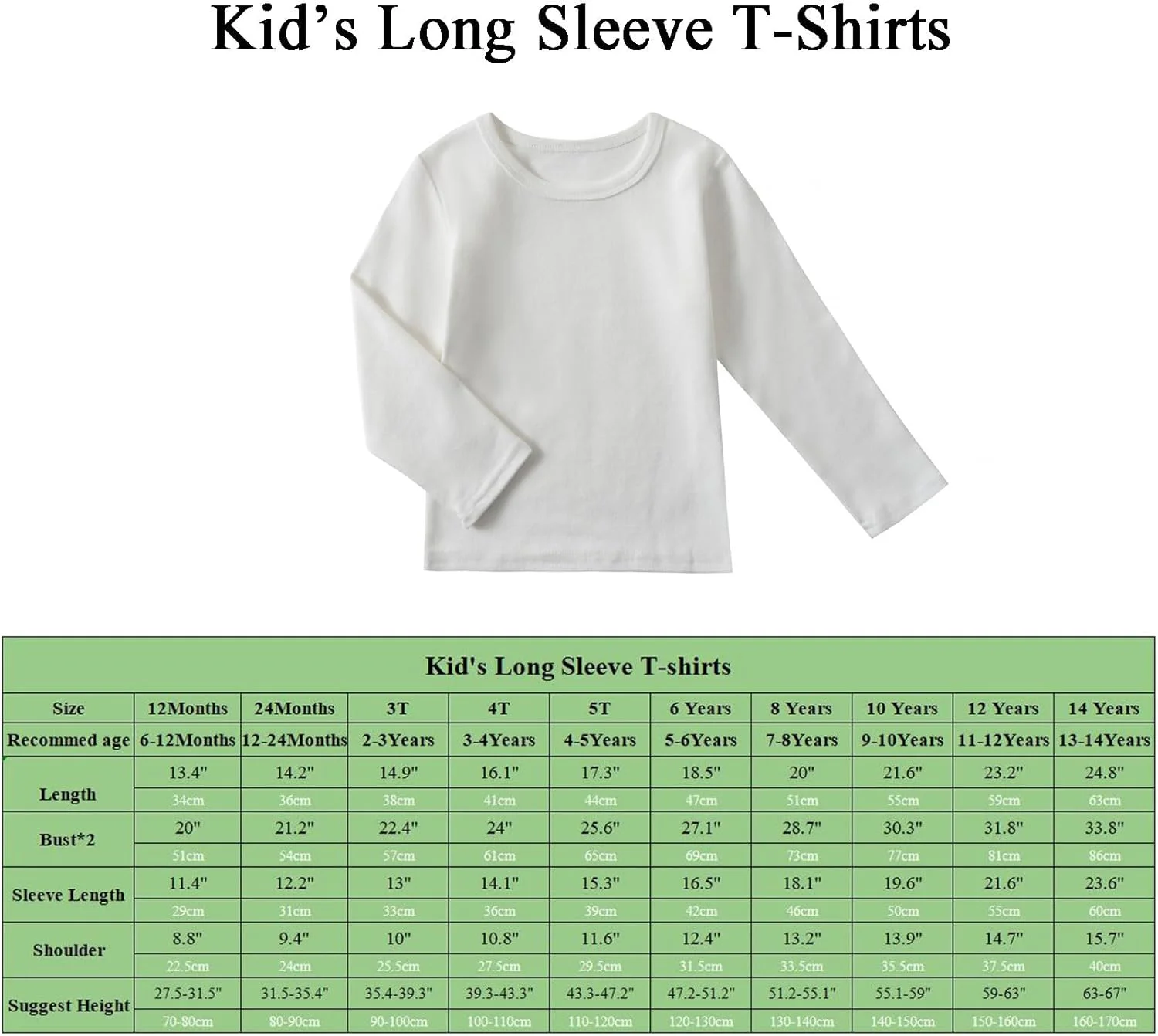 تی شرت آستین بلند پسرانه دخترانه، تیشرت های نخی نرم و پایه ای برای کودکان 12 ماهه تا 14 ساله