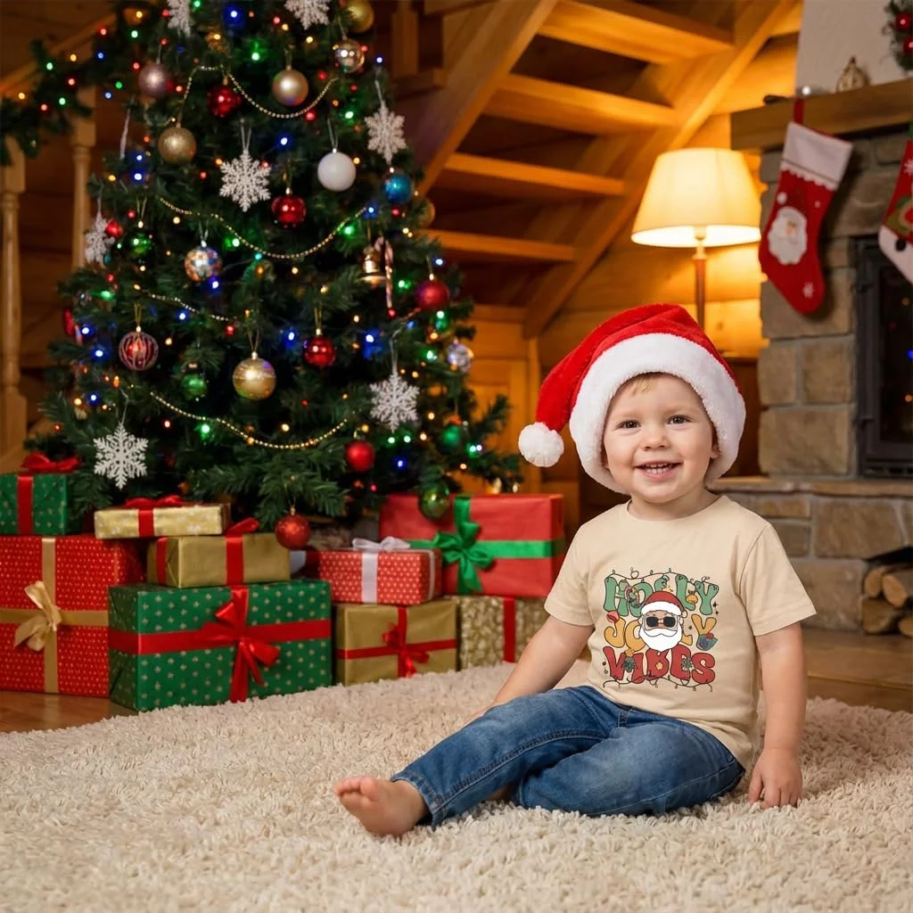 تی شرت کریسمس بچه گانه طرح بابانوئل و جن، آستین کوتاه، پنبه ای تی شرت کریسمس بچه گانه طرح بابانوئل و جن، آستین کوتاه، پنبه ای