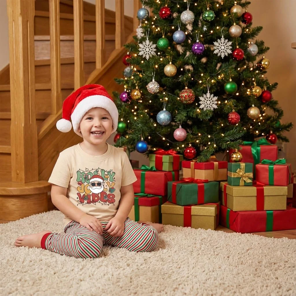 تی شرت کریسمس بچه گانه طرح بابانوئل و جن، آستین کوتاه، پنبه ای تی شرت کریسمس بچه گانه طرح بابانوئل و جن، آستین کوتاه، پنبه ای