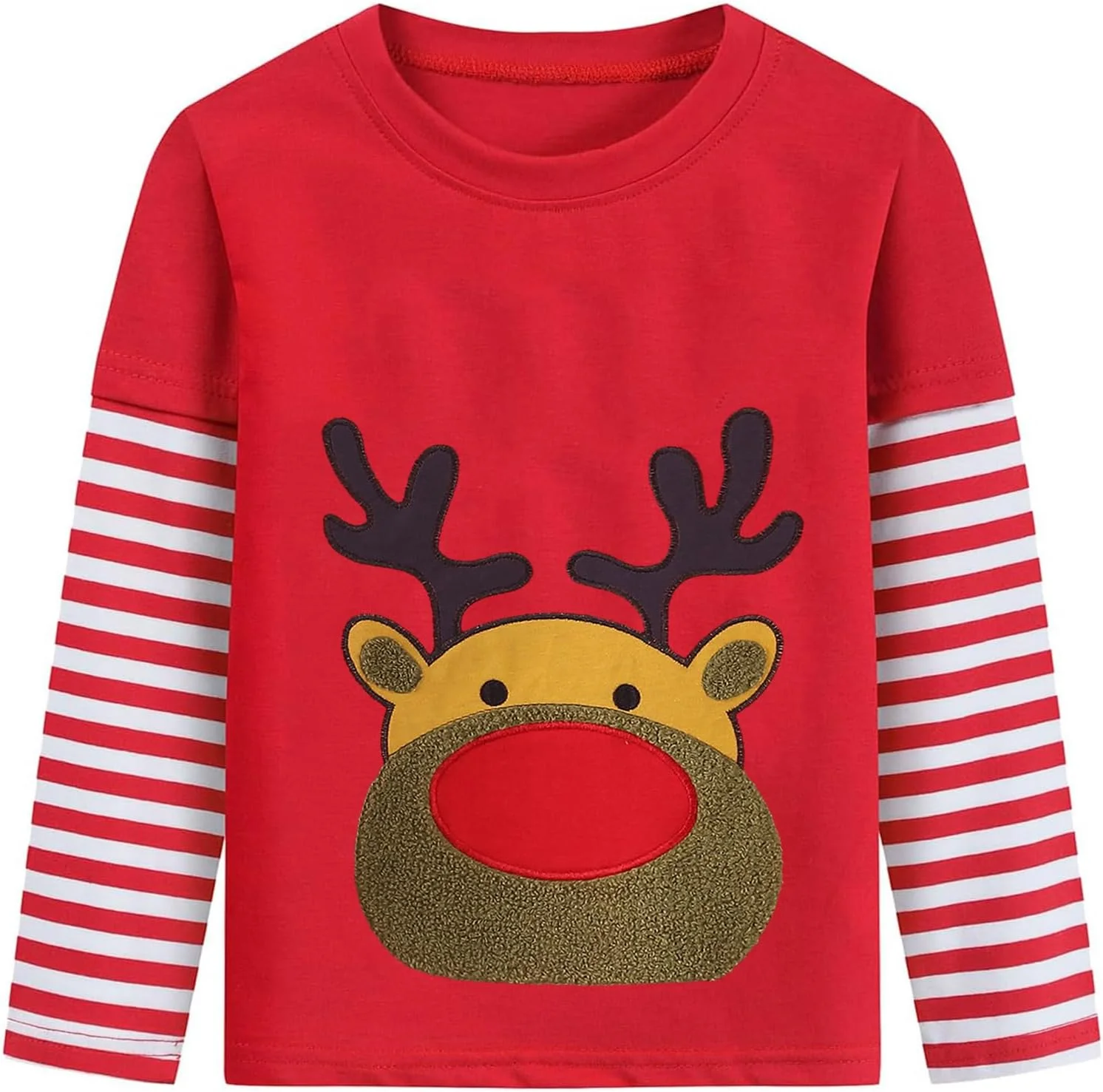 تی‌شرت آستین بلند راه راه قرمز و سفید پسرانه و دخترانه مناسب کریسمس، تی‌شرت بچه گانه طرح گوزن شمالی، لباس های زشت کریسمس، سایز 2 تا 7 سال