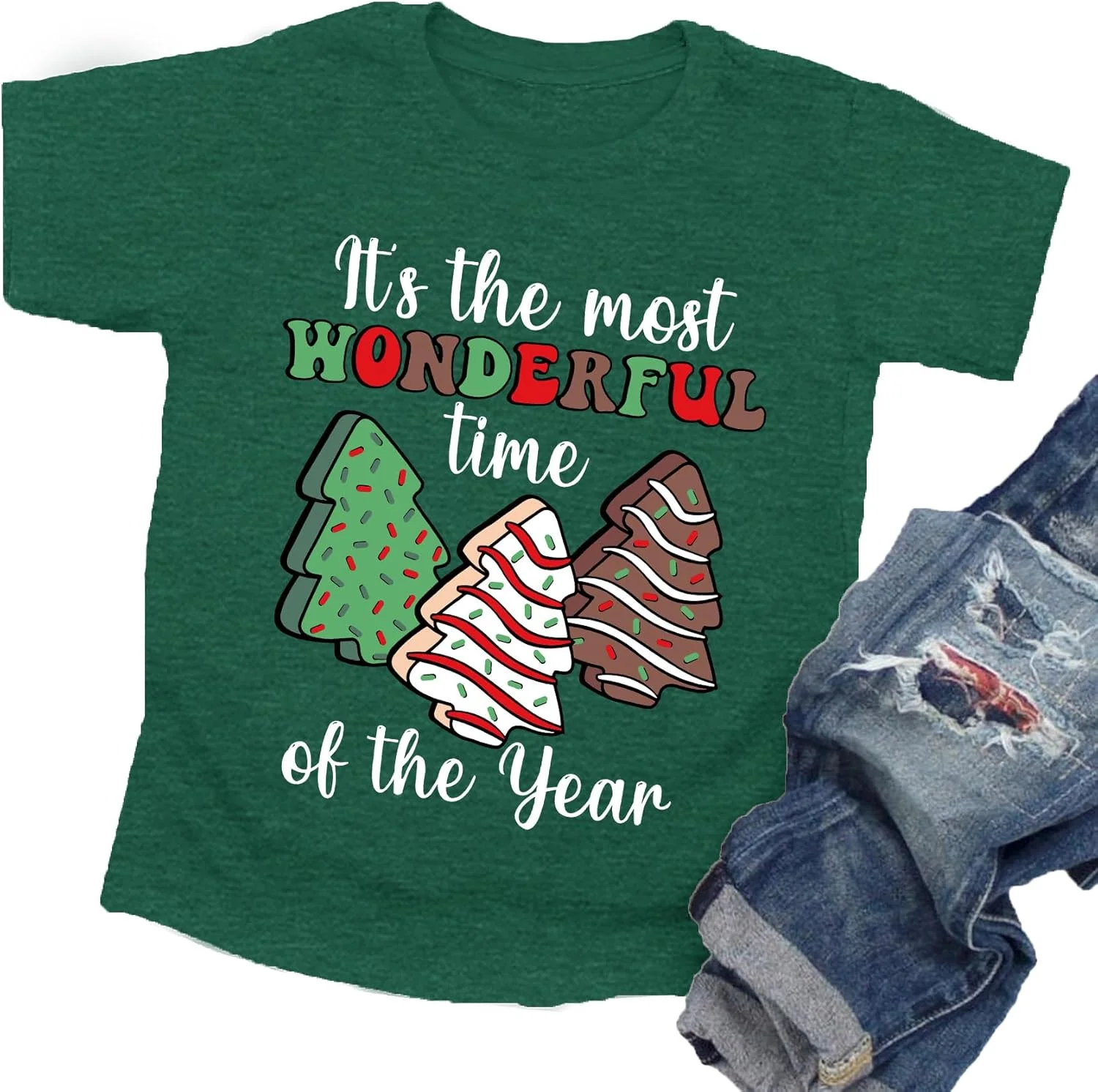 تی‌شرت کریسمس بچگانه طرح درخت کریسمس و کیک، آستین کوتاه