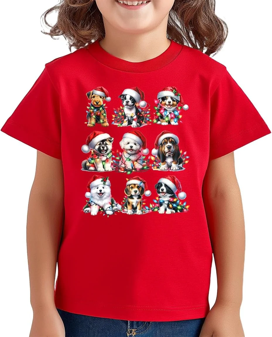 تی شرت آستین کوتاه با طرح سگ و گربه و کلاه بابانوئل مناسب کودکان و نوجوانان