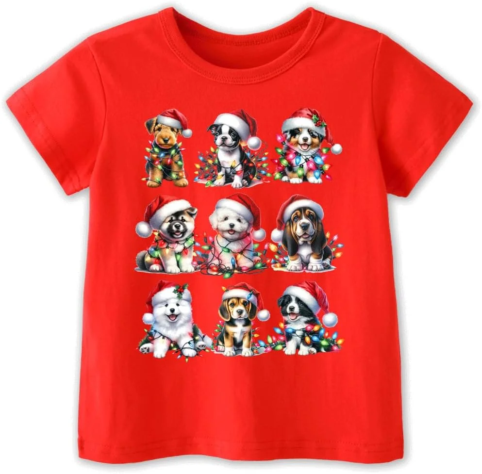 تی شرت آستین کوتاه با طرح سگ و گربه و کلاه بابانوئل مناسب کودکان و نوجوانان