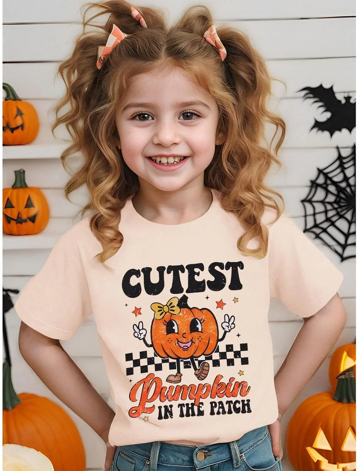 تی‌شرت‌های دخترانه بچه گانه BOUTIKOME با طرح گرافیکی کدو تنبل، آستین کوتاه، طرح وینتیج