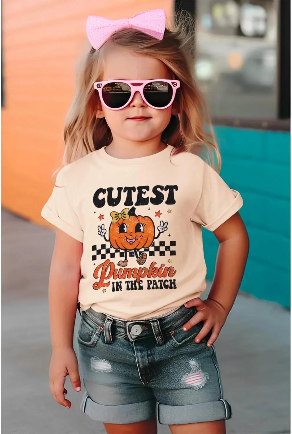 تی‌شرت‌های دخترانه بچه گانه BOUTIKOME با طرح گرافیکی کدو تنبل، آستین کوتاه، طرح وینتیج