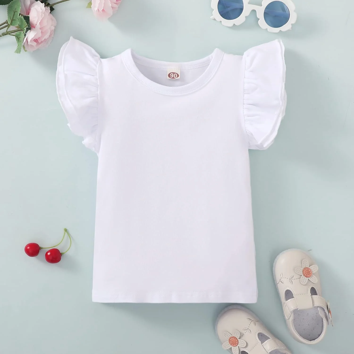 بلوز ساده بچگانه، آستین چین‌دار، تیشرت تک رنگ دخترانه، لباس‌های غیر رسمی پنبه‌ای برای نوزاد
