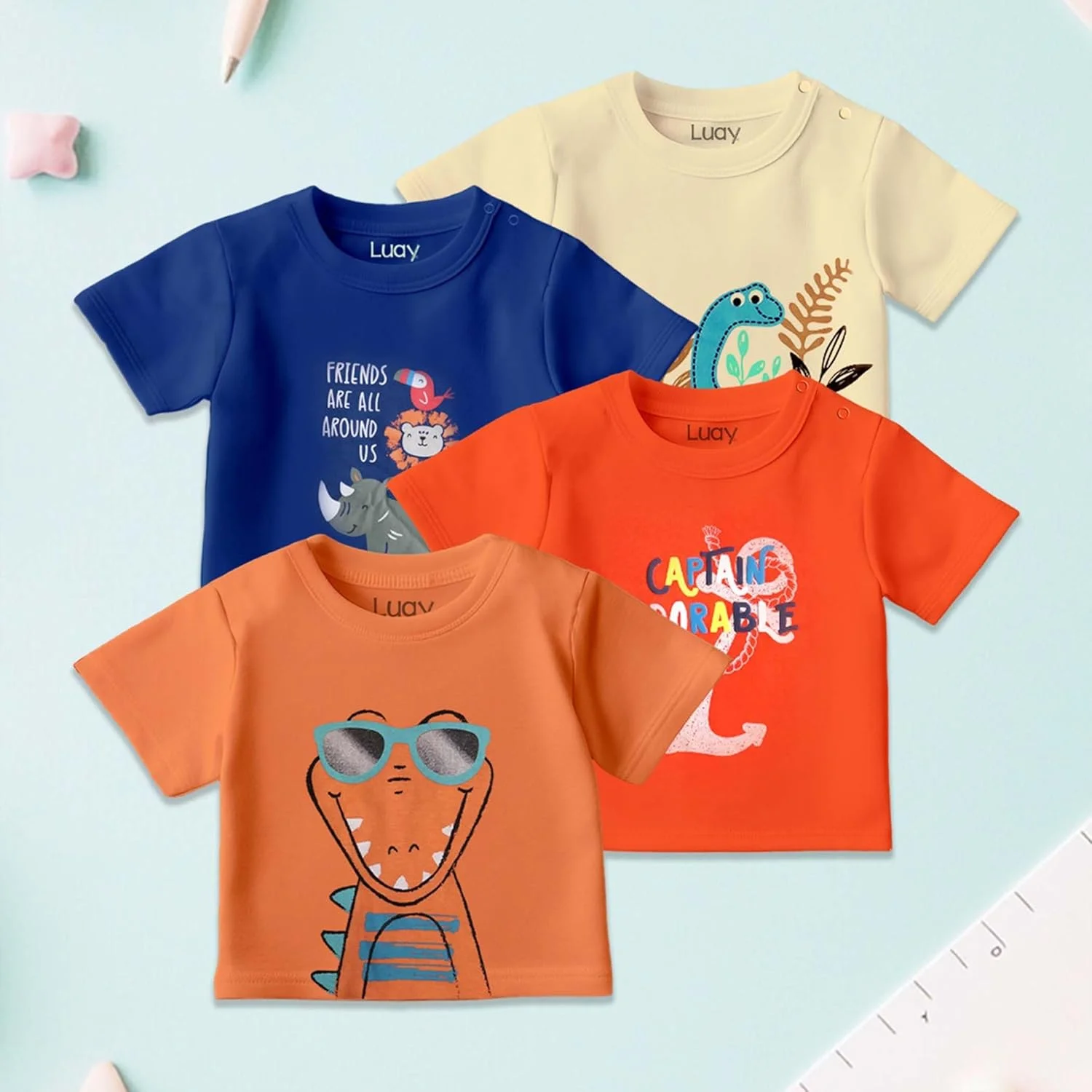 تی شرت های نخی 100% ارگانیک LUAY برای پسران و دختران، آستین کوتاه با طرح های جشن و رنگ های شاد برای کودکان و نوزادان - برش معمولی