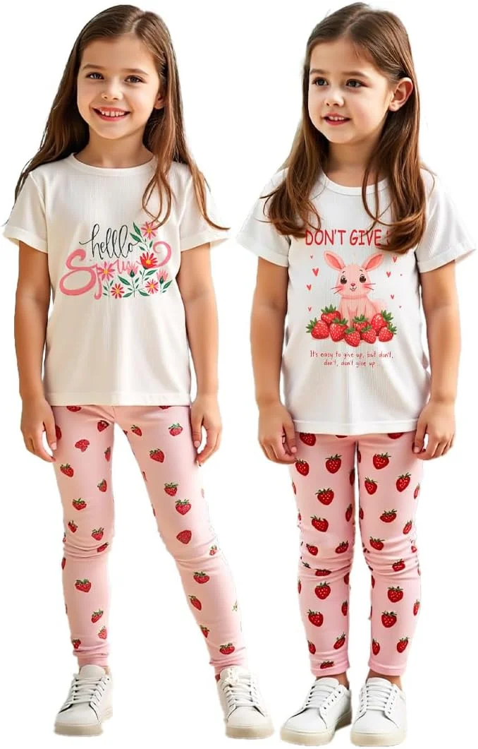 ست تی‌شرت و لگ دخترانه، 2 عددی، لباس راحتی زیبا برای مد کودک و دختر تولد 4 تا 7 سال
