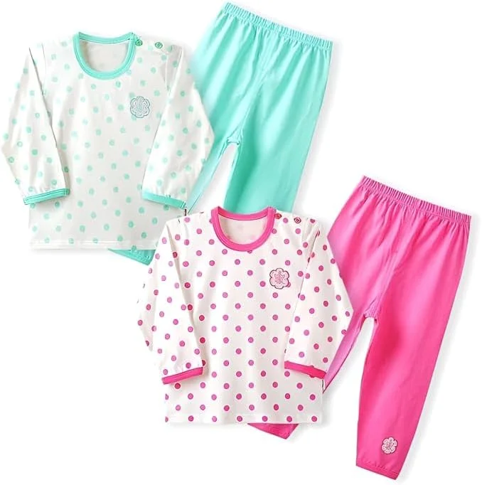 ست لباس خواب نخی دخترانه آلیسا، طرح خالدار، شامل تیشرت، شورت، آستین بلند و شلوار، صورتی و سبز (24-36 ماه)