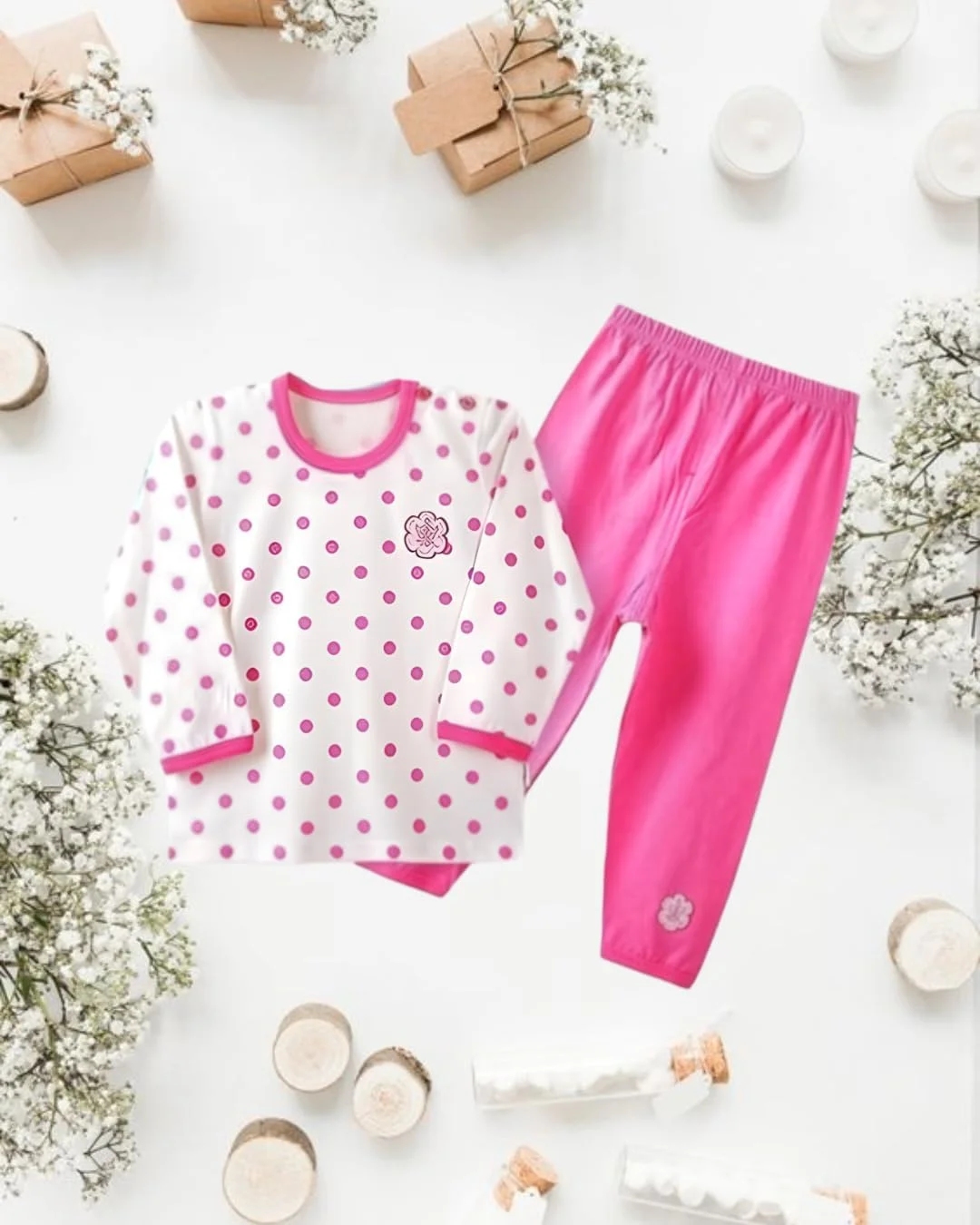 ست لباس خواب نخی دخترانه آلیسا، طرح خالدار، شامل تیشرت، شورت، آستین بلند و شلوار، صورتی و سبز (24-36 ماه)