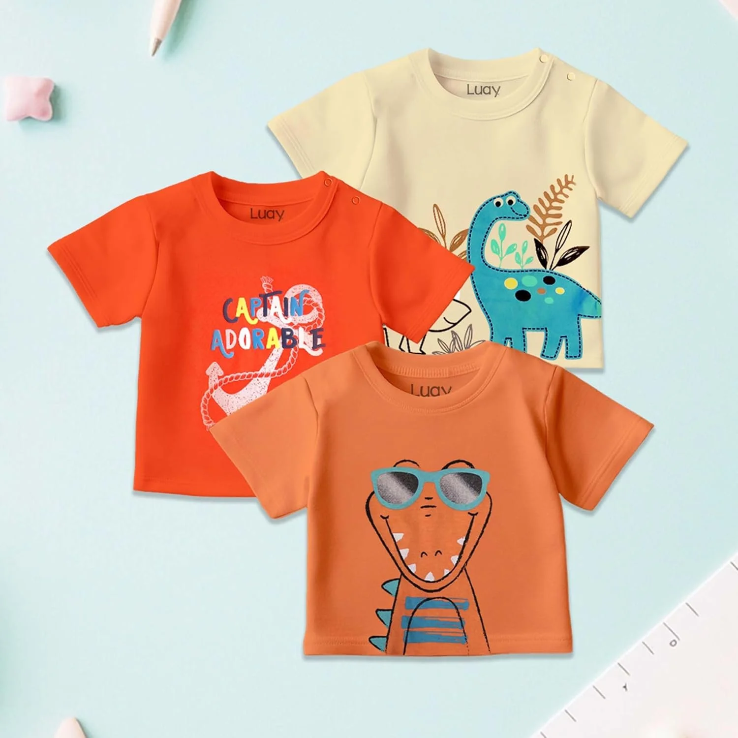 تی‌شرت‌های ۱۰۰٪ پنبه‌ای LUAY برای پسران و دختران، آستین کوتاه با طرح‌های شاد و رنگ‌های زنده، مناسب کودکان و نوزادان - برش معمولی