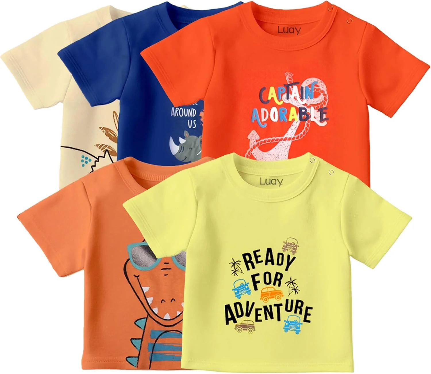 تی‌شرت‌های ۱۰۰٪ پنبه ارگانیک LUAY برای پسران و دختران، آستین کوتاه با طرح‌های جشن و رنگ‌های زنده و الگوهای متنوع برای کودکان و نوزادان - برش معمولی