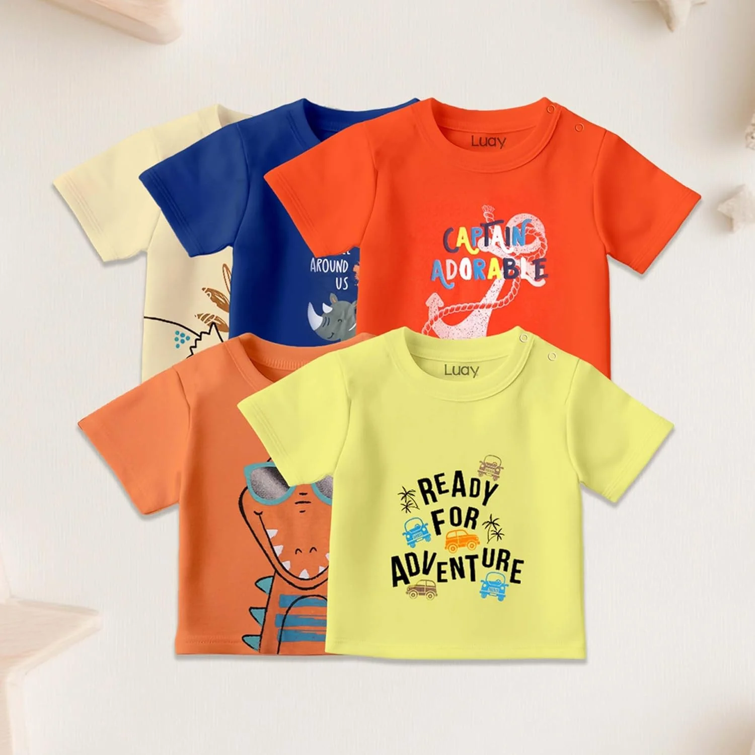 تی‌شرت‌های ۱۰۰٪ پنبه ارگانیک LUAY برای پسران و دختران، آستین کوتاه با طرح‌های جشن و رنگ‌های زنده و الگوهای متنوع برای کودکان و نوزادان - برش معمولی