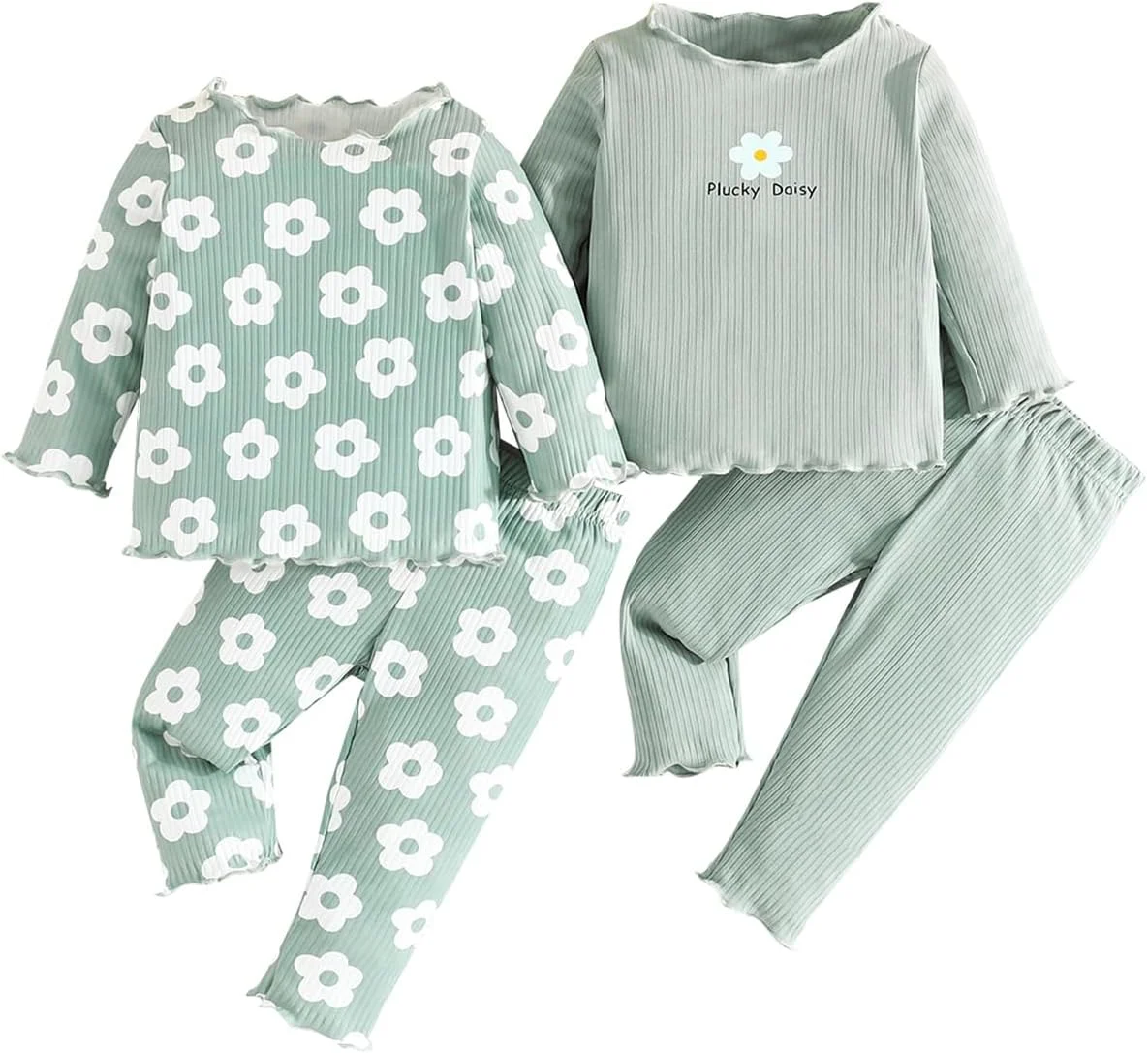 ست لباس نوزاد دخترانه شامل ۴ تکه، تی‌شرت آستین بلند طرح‌دار و شلوار کبریتی لبه چین‌دار