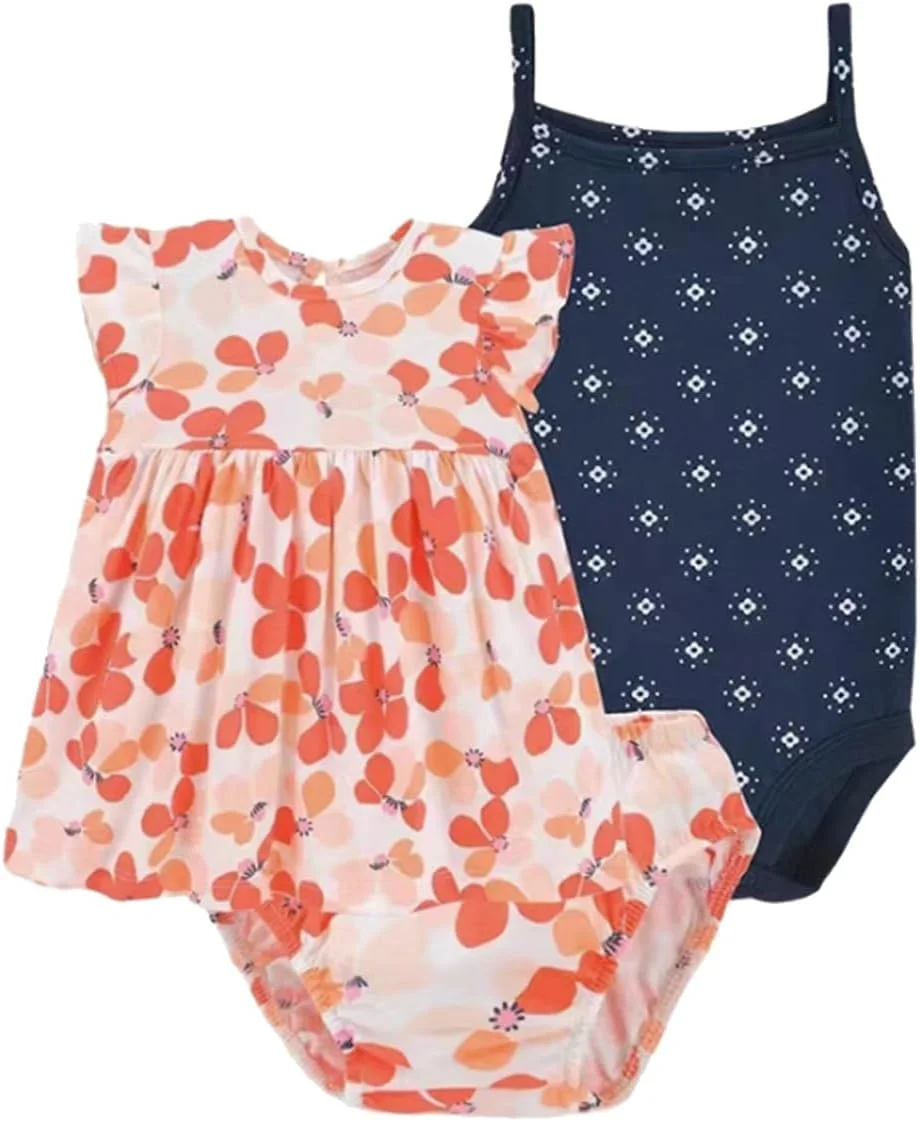 ست لباس تابستانی نوزاد دخترانه، شامل تیشرت، شورت و رامپر با طرح های زیبا
