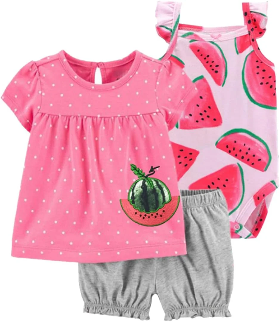 ست لباس تابستانی نوزاد دخترانه، شامل تیشرت، شورت و رامپر با طرح های زیبا