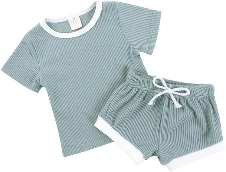ست لباس تابستانی پسرانه و دخترانه، تیشرت آستین کوتاه و شلوارک، ست لباس 2 تکه پنبه ای برای کودکان