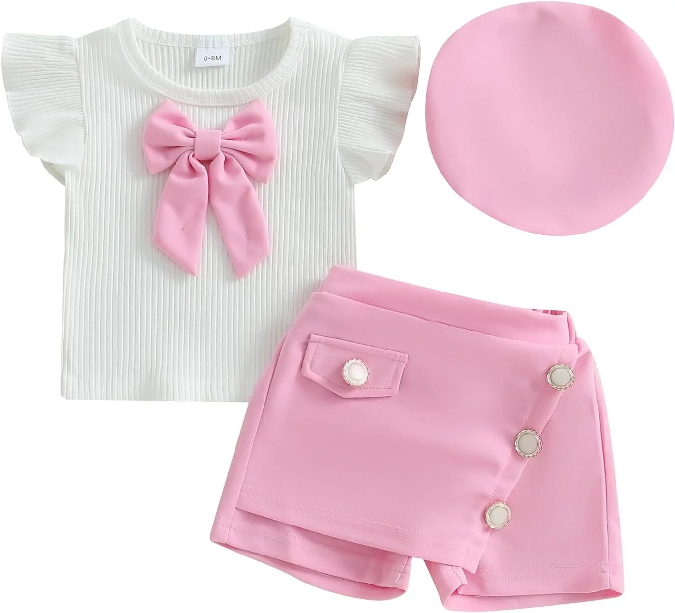 ست لباس تابستانی 3 تکه دخترانه KMBANGI شامل تیشرت آستین کوتاه چین دار، شورت و کلاه بره