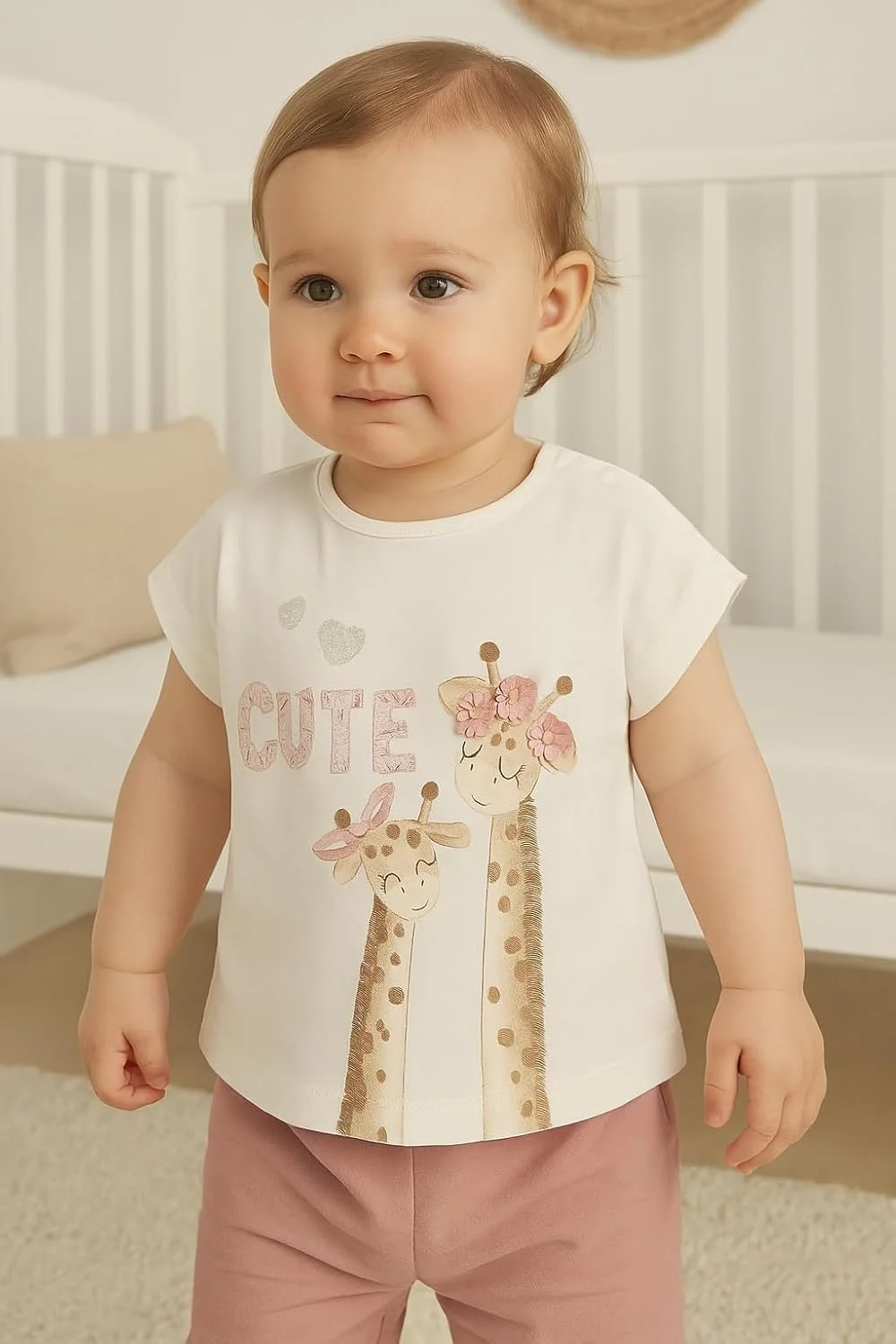 تی شرت نوزادی دخترانه طرح زرافه و نوشته "cute"