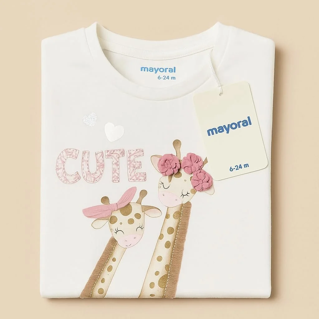 تی شرت نوزادی دخترانه طرح زرافه و نوشته "cute"