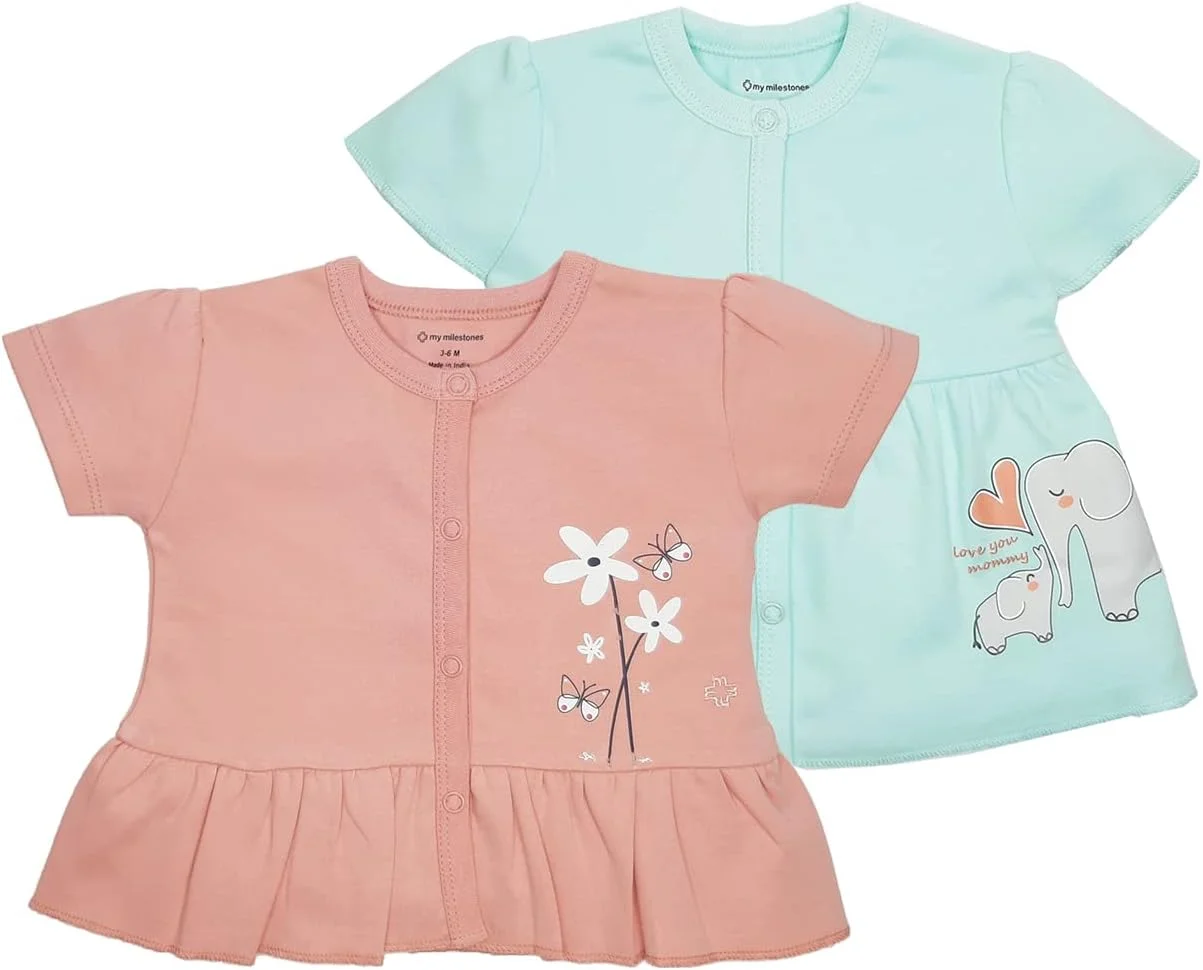 تی‌شرت/تاپ آستین کوتاه دخترانه، 100% پنبه، مدل معمولی - بسته‌ی 2 عددی