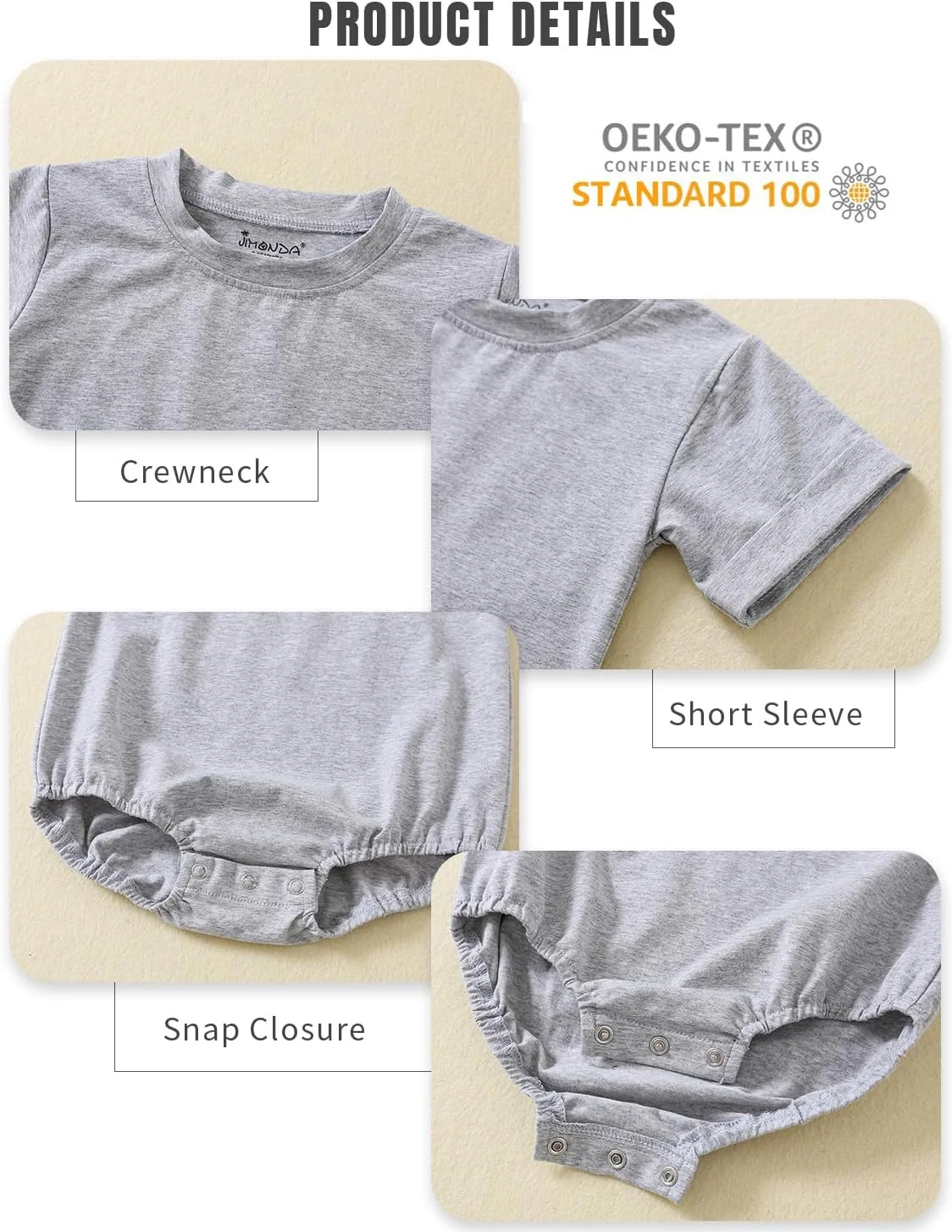 رامپر حباب دار نوزادی جیموندا، لباس یکسره آستین کوتاه، تی شرت پنبه ارگانیک رنگ ثابت