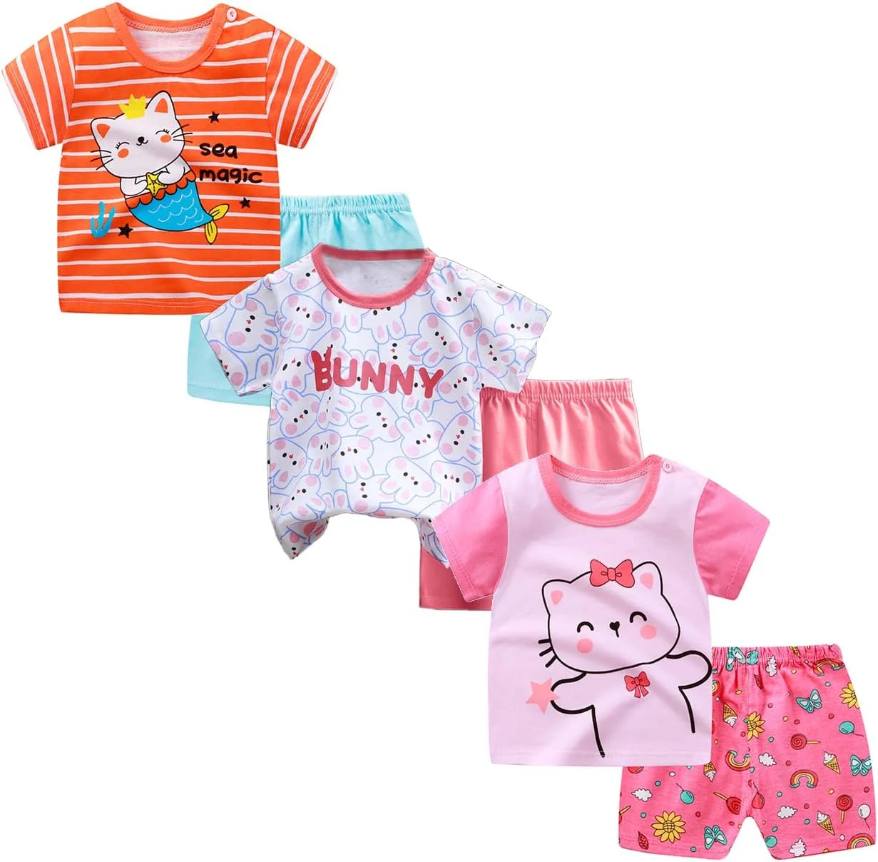 ست 3 تکه تیشرت آستین کوتاه و شلوارک دخترانه بچه گانه، بسته 6 عددی (دارای دکمه سرشانه)