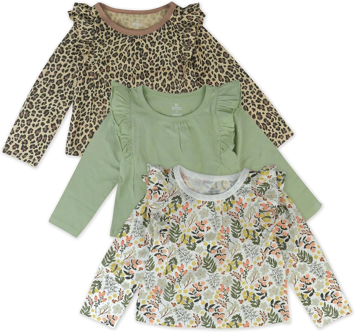 ست سه عددی تی‌شرت آستین بلند چین‌دار HonestBaby، ۱۰۰٪ پنبه ارگانیک، مناسب نوزاد و دختر بچه