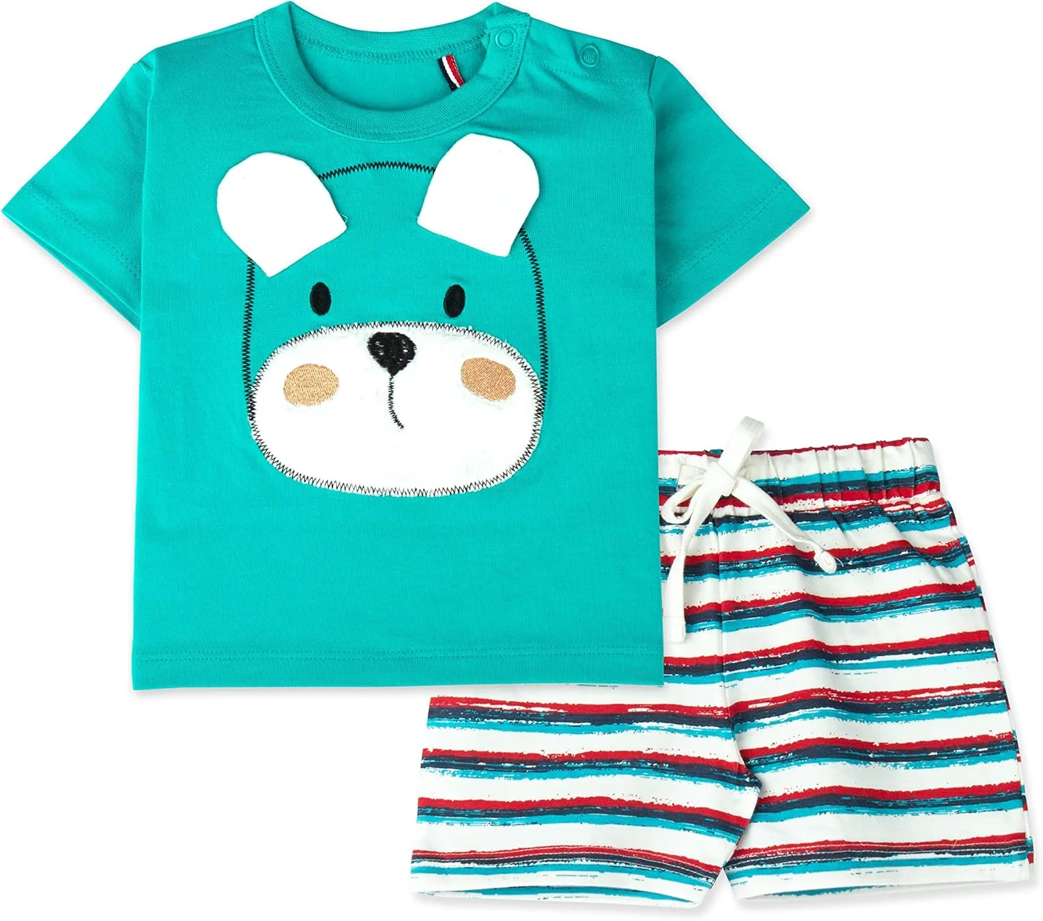 ست تی‌شرت آستین کوتاه یقه گرد پنبه‌ای طرح‌دار و شلوارک تابستانی شیک نوزادی آریل، سفید-ریش، 6 تا 9 ماه