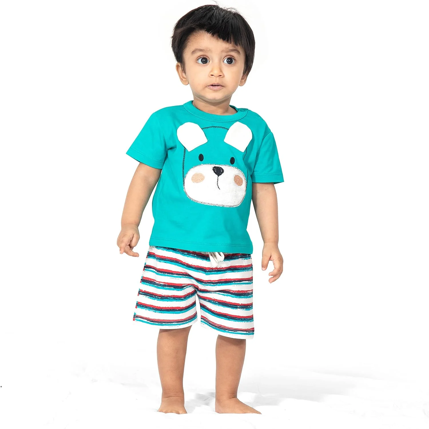 ست تی‌شرت آستین کوتاه یقه گرد پنبه‌ای طرح‌دار و شلوارک تابستانی شیک نوزادی آریل، سفید-ریش، 6 تا 9 ماه