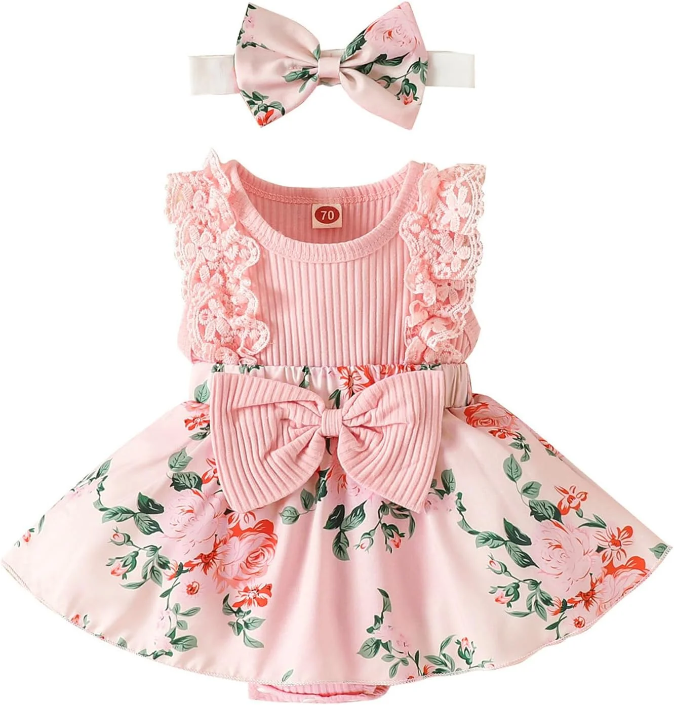 لباس نوزادی دخترانه، بادی آستین کوتاه طرح خواهر کوچک بابا، لباس تابستانی تولد یک سالگی، لباس عکاسی، رامپر چین دار نوزادی به همراه هدبند مناسب 0-3، 12 و 18 ماهگی