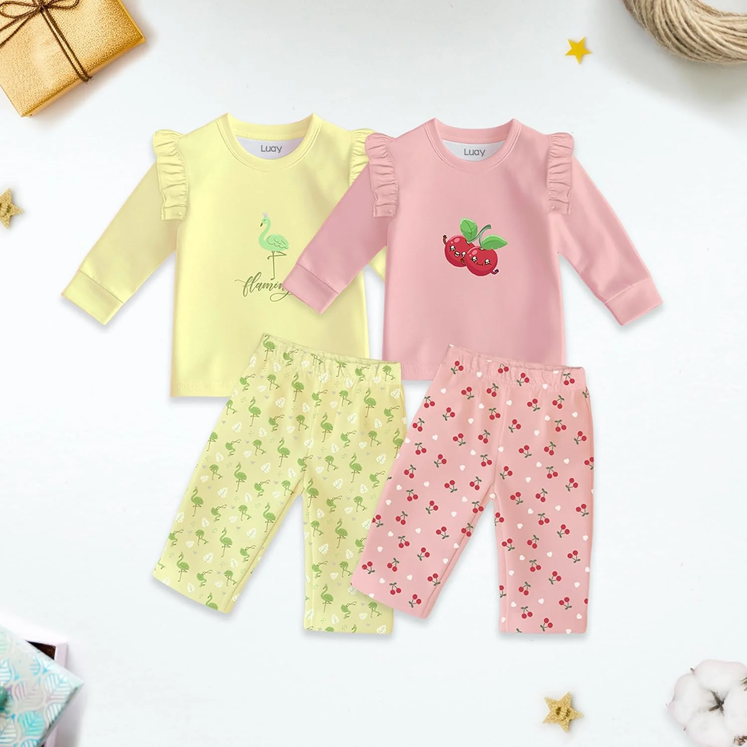 ست لباس هماهنگ چند طرح چاپی دخترانه Luay®، تهیه شده از 100% پنبه بامبو | لباس های فوق العاده نرم، شیک و باکلاس | تی شرت آستین بلند و شلوار راحت