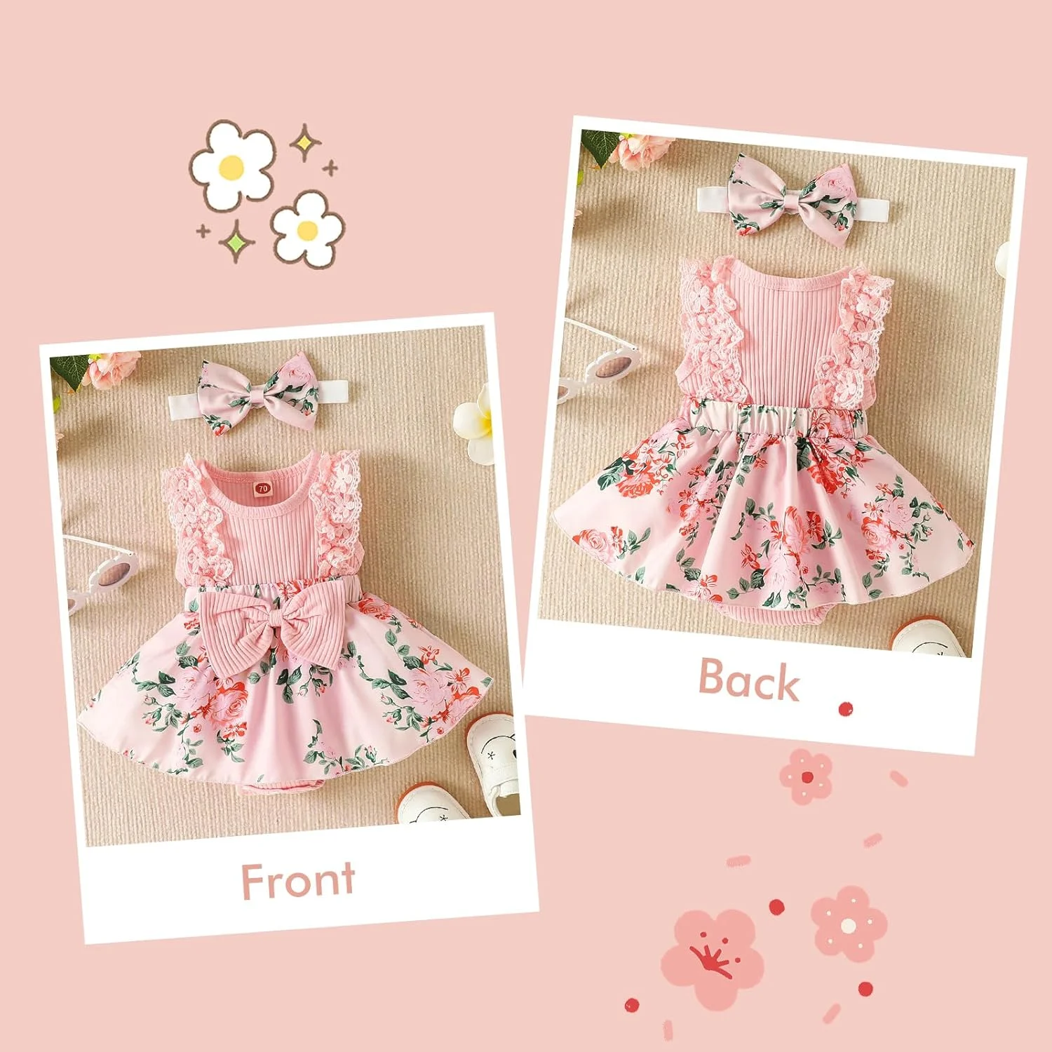 لباس نوزادی دخترانه، بادی آستین کوتاه طرح خواهر کوچک بابا، لباس تابستانی تولد یک سالگی، لباس عکاسی، رامپر چین دار نوزادی به همراه هدبند مناسب 0-3، 12 و 18 ماهگی