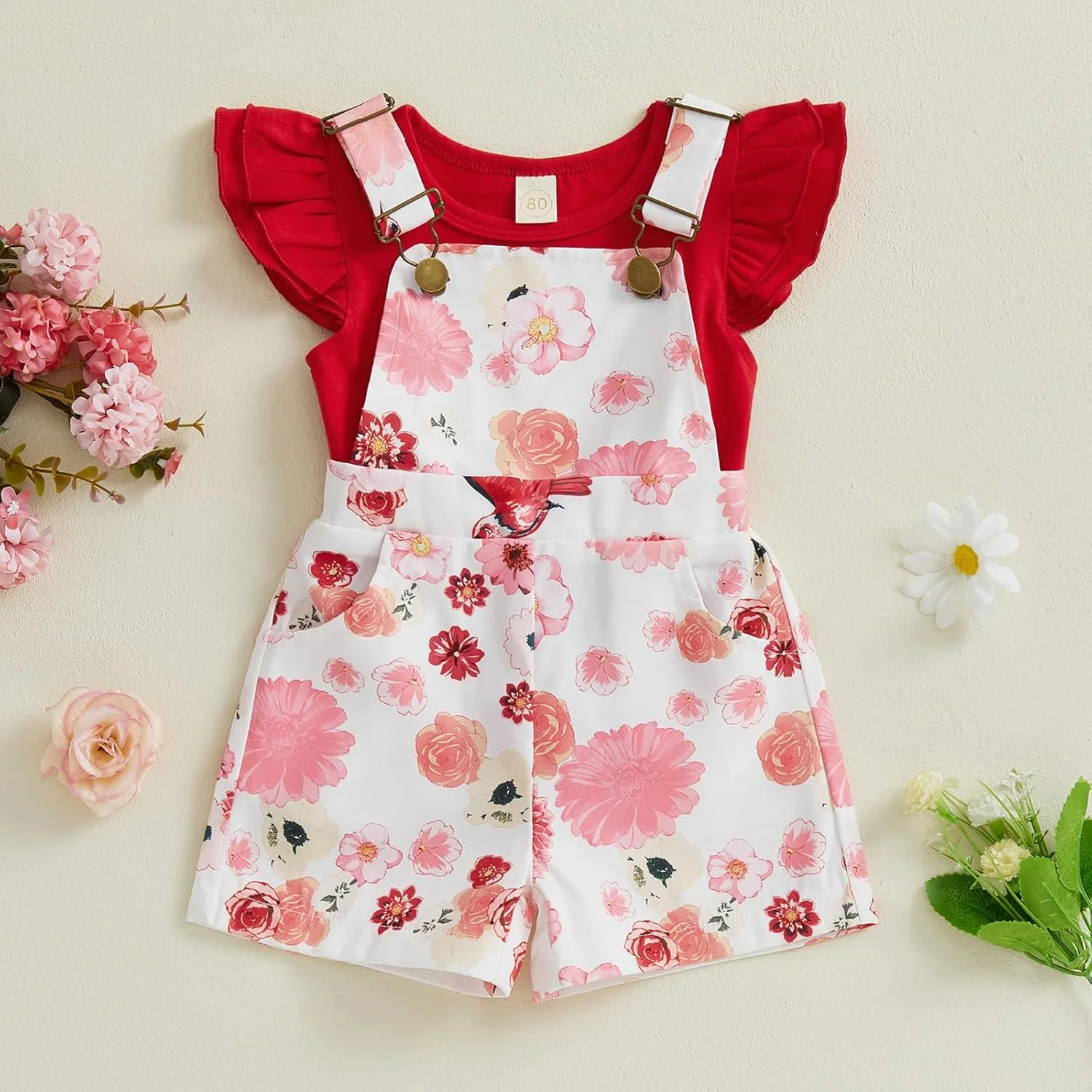 لباس تابستانی دخترانه، تیشرت و شلوارک پیشبندی، مناسب نوزاد و کودک