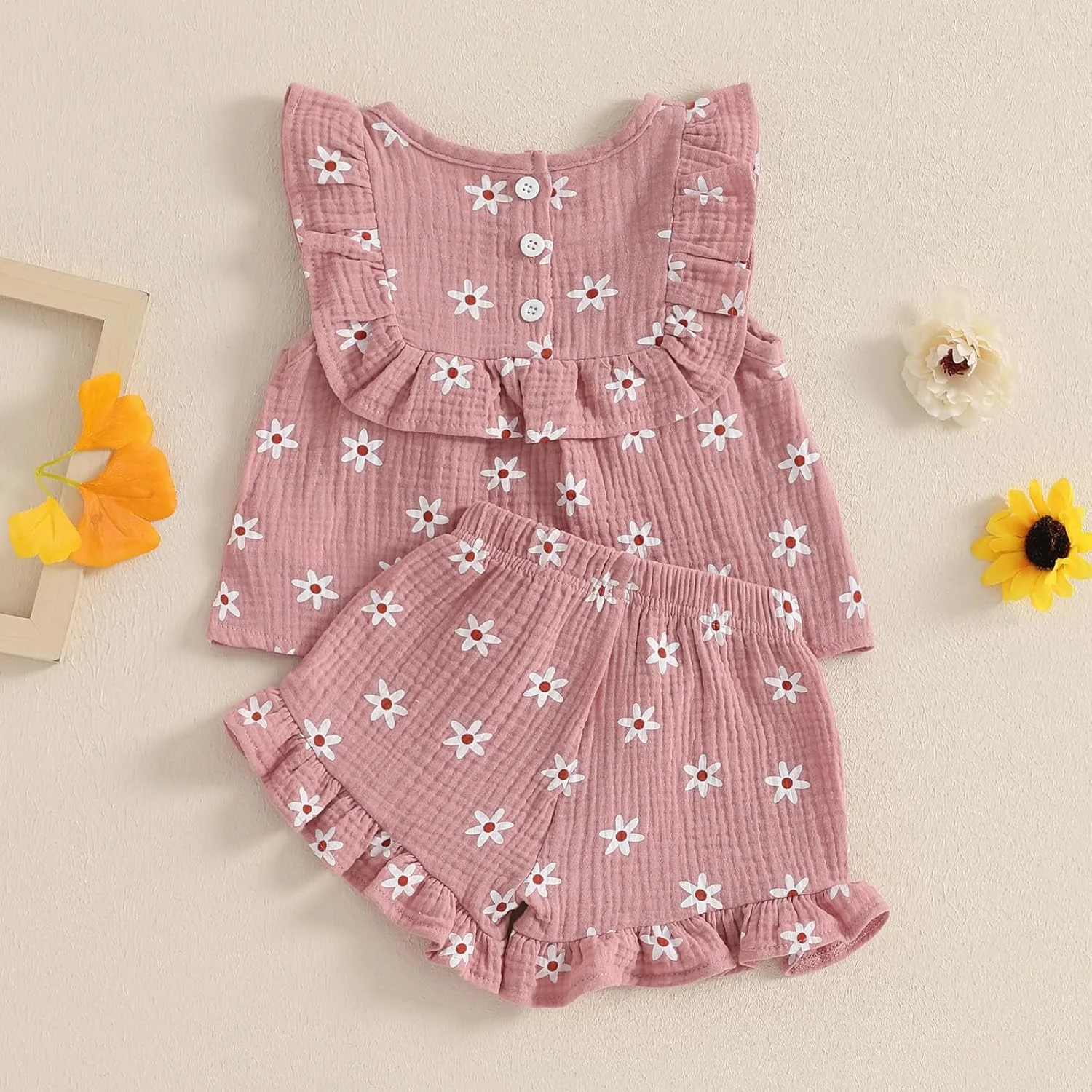 لباس تابستانی دخترانه BemeyourBBs، ست شومیز آستین حلقه ای دکمه دار و شورت گلدار پاپیونی، لباس های زیبا