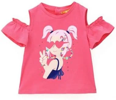 تی شرت دخترانه اورجینال مارینز، پنبه ای، یقه گرد، آستین های چین دار، دکمه فشاری و طرح چاپی با جزئیات پولک و اکلیل