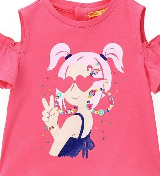 تی شرت دخترانه اورجینال مارینز، پنبه ای، یقه گرد، آستین های چین دار، دکمه فشاری و طرح چاپی با جزئیات پولک و اکلیل