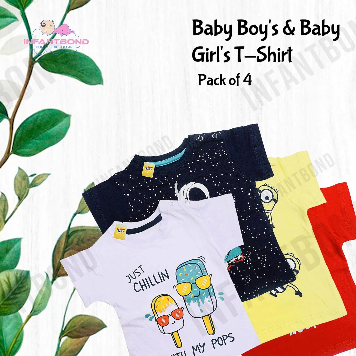 تی‌شرت آستین کوتاه نوزادی پسرانه و دخترانه | تی‌شرت دکمه‌دار (بسته 4 عددی) (زرد، قرمز، سفید، آبی)