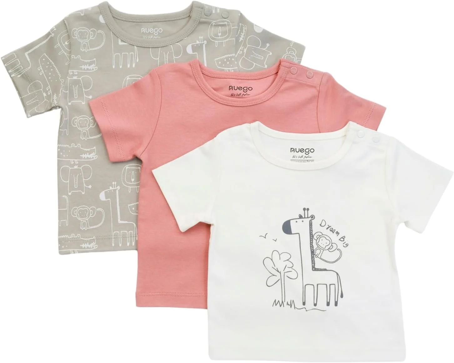 ست 3 عددی تی‌شرت نوزادی پسرانه Nuego، آستین کوتاه، یقه گرد، طرح حیوانات مناسب نوزاد 0 تا 24 ماه (خاکستری، صورتی، سفید)