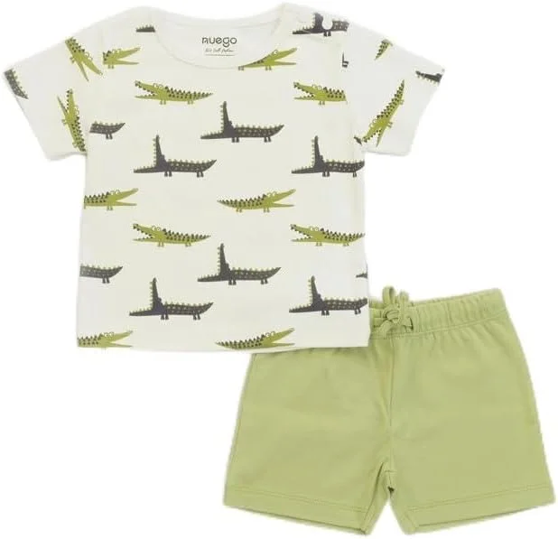 ست لباس پسرانه نوزادی طرح حیوانات نئوگو، تیشرت آستین کوتاه یقه گرد و شلوارک، مناسب کودکان 0-24 ماه (سفید، سبز)