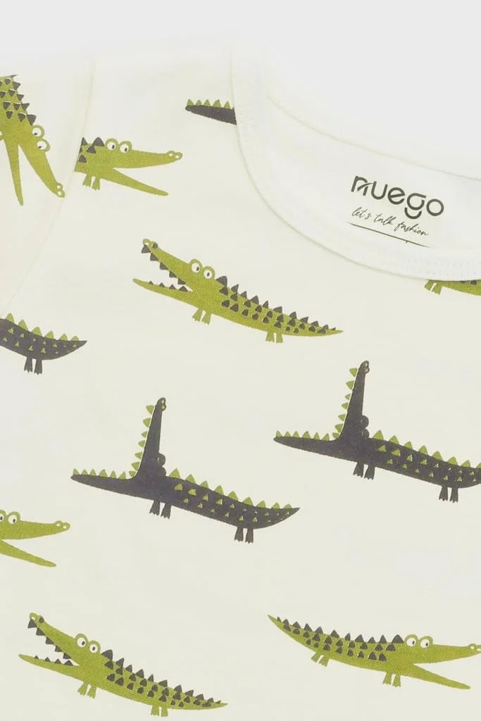 ست لباس پسرانه نوزادی طرح حیوانات نئوگو، تیشرت آستین کوتاه یقه گرد و شلوارک، مناسب کودکان 0-24 ماه (سفید، سبز)